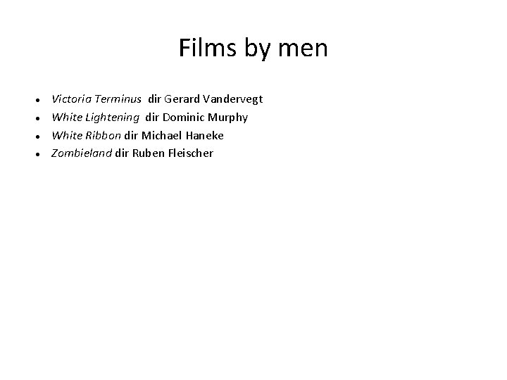 Films by men Victoria Terminus dir Gerard Vandervegt White Lightening dir Dominic Murphy White