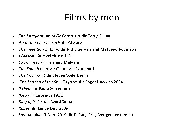 Films by men The Imaginarium of Dr Parnassus dir Terry Gillian An Inconvenient Truth