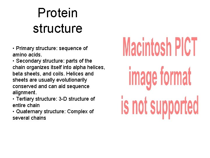 Protein structure • Primary structure: sequence of amino acids. • Secondary structure: parts of