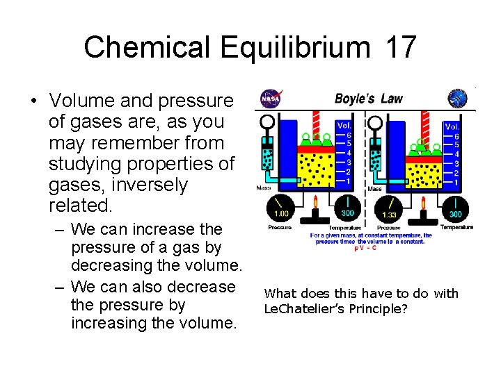 Chemical Equilibrium 17 • Volume and pressure of gases are, as you may remember