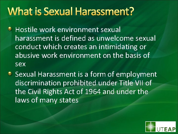 What is Sexual Harassment? Hostile work environment sexual harassment is defined as unwelcome sexual