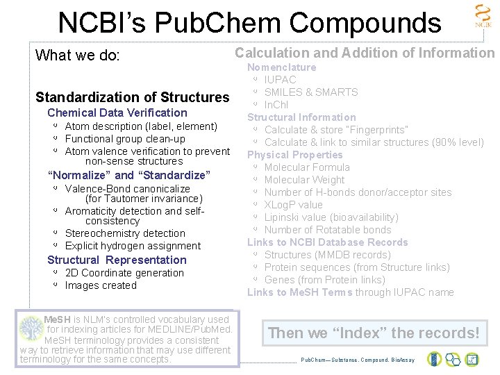 NCBI’s Pub. Chem Compounds What we do: Standardization of Structures Chemical Data Verification ◦