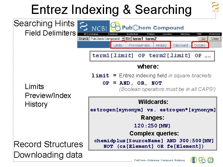 Entrez Indexing & Searching Hints Field Delimiters term 1 term 2 term 1[limit] OP