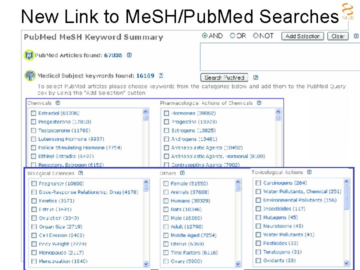 New Link to Me. SH/Pub. Med Searches Pub. Chem—Substance, Compound, Bio. Assay 