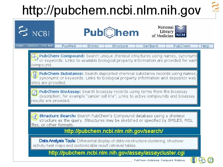 http: //pubchem. ncbi. nlm. nih. gov/search/ Data Analysis Tools: Differential display of data via