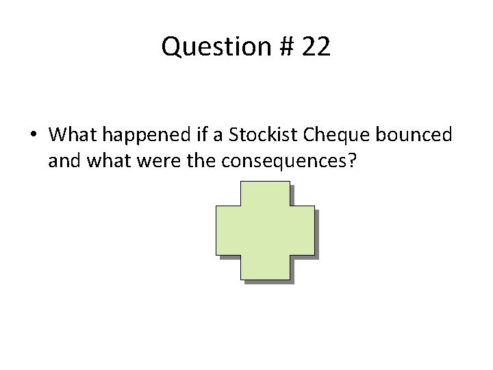 Question # 22 • What happened if a Stockist Cheque bounced and what were