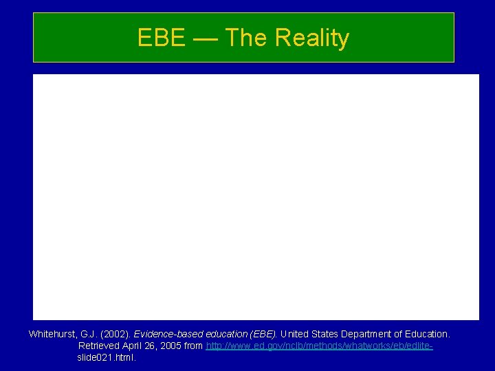 EBE — The Reality Whitehurst, G. J. (2002). Evidence-based education (EBE). United States Department