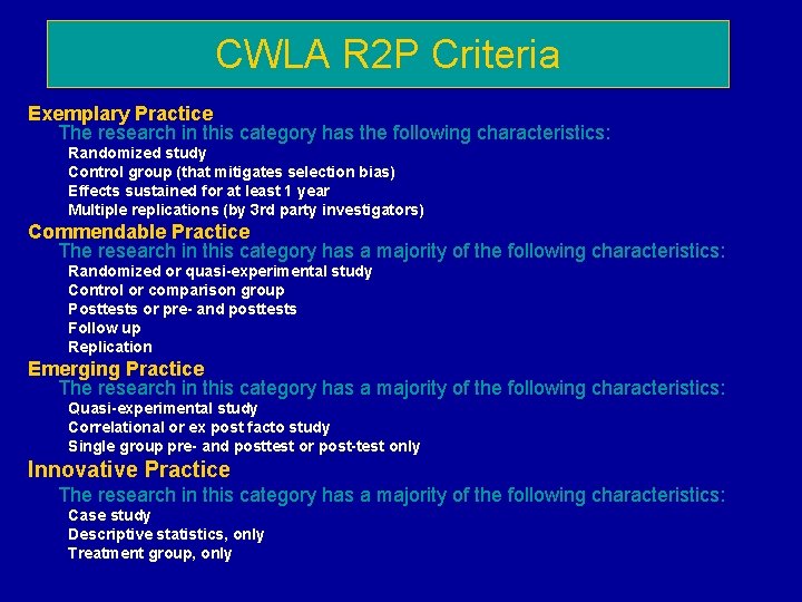 CWLA R 2 P Criteria Exemplary Practice The research in this category has the