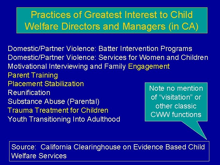 Practices of Greatest Interest to Child Welfare Directors and Managers (in CA) Domestic/Partner Violence: