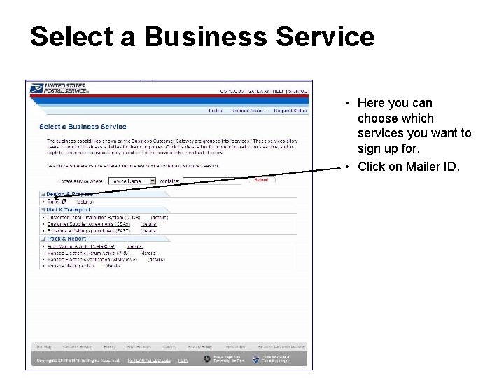 Select a Business Service • Here you can choose which services you want to