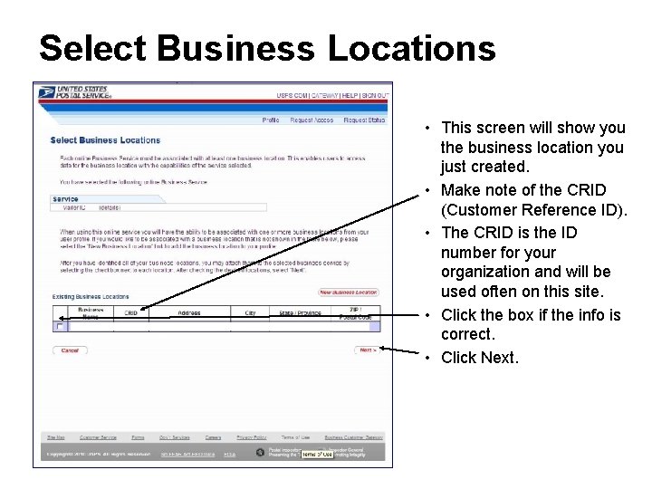 Select Business Locations • This screen will show you the business location you just