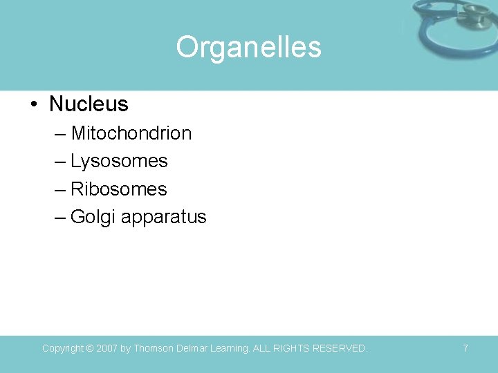 Organelles • Nucleus – Mitochondrion – Lysosomes – Ribosomes – Golgi apparatus Copyright ©