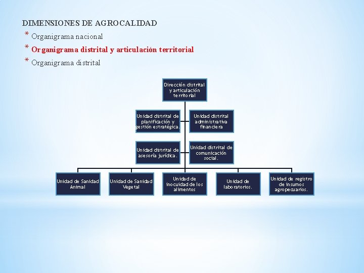 DIMENSIONES DE AGROCALIDAD * Organigrama nacional * Organigrama distrital y articulación territorial * Organigrama