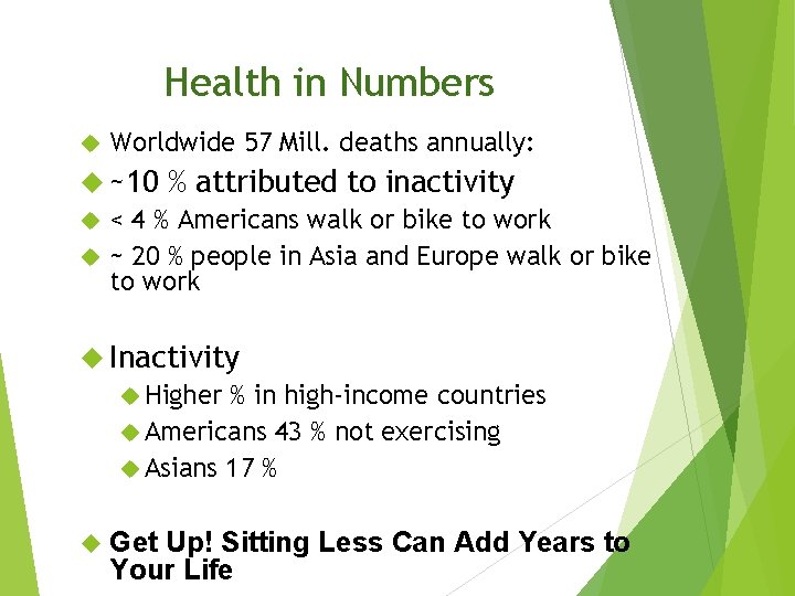 Health in Numbers Worldwide 57 Mill. deaths annually: ~10 % attributed to inactivity <