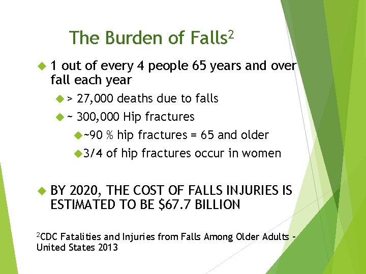 The Burden of Falls 2 1 out of every 4 people 65 years and