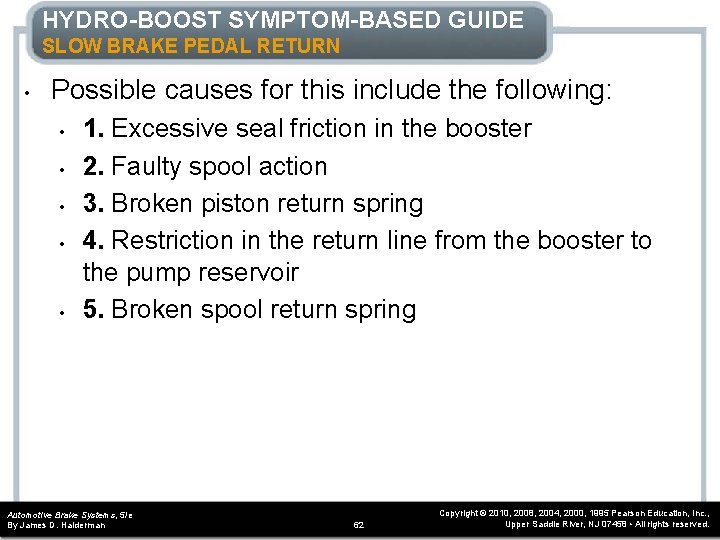 HYDRO-BOOST SYMPTOM-BASED GUIDE SLOW BRAKE PEDAL RETURN • Possible causes for this include the