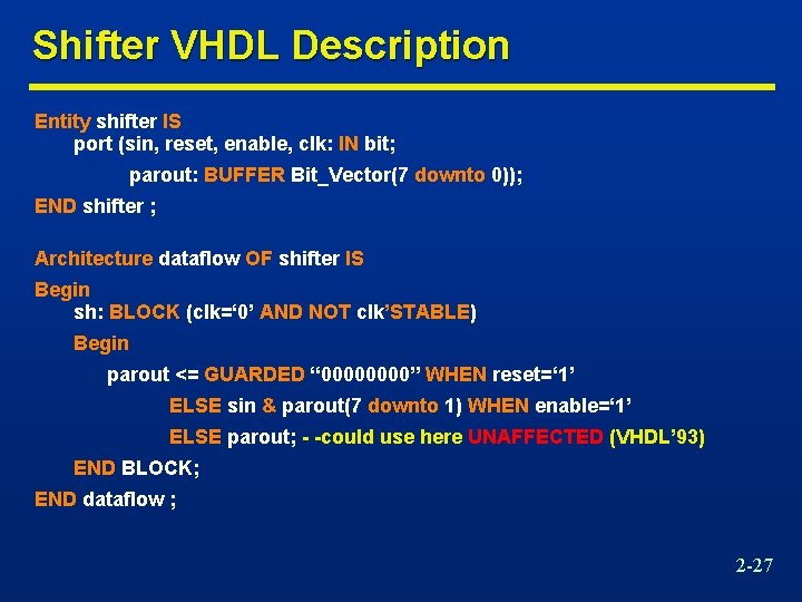 Shifter VHDL Description Entity shifter IS port (sin, reset, enable, clk: IN bit; parout: