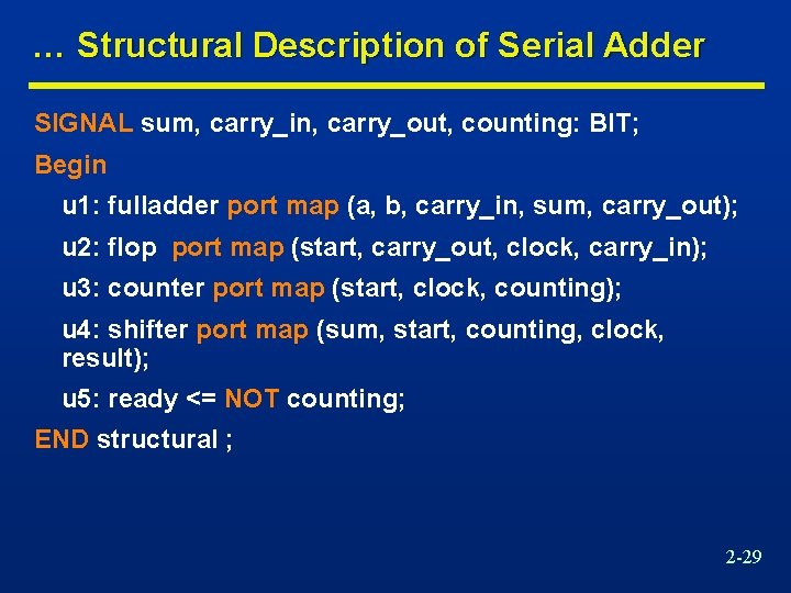 … Structural Description of Serial Adder SIGNAL sum, carry_in, carry_out, counting: BIT; Begin u