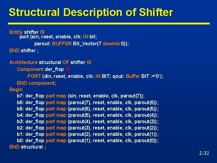 Structural Description of Shifter Entity shifter IS port (sin, reset, enable, clk: IN bit;