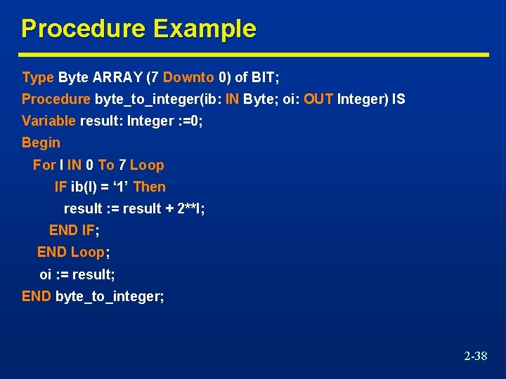 Procedure Example Type Byte ARRAY (7 Downto 0) of BIT; Procedure byte_to_integer(ib: IN Byte;