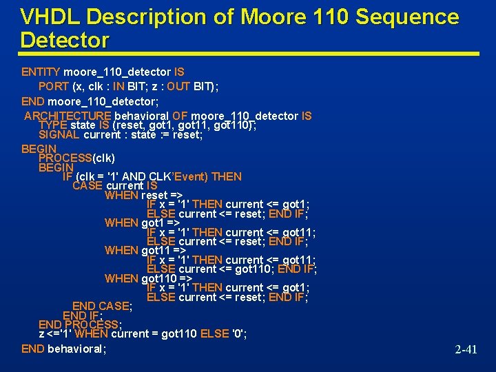 VHDL Description of Moore 110 Sequence Detector ENTITY moore_110_detector IS PORT (x, clk :