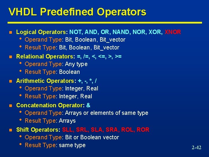 VHDL Predefined Operators n Logical Operators: NOT, AND, OR, NAND, NOR, XNOR • Operand