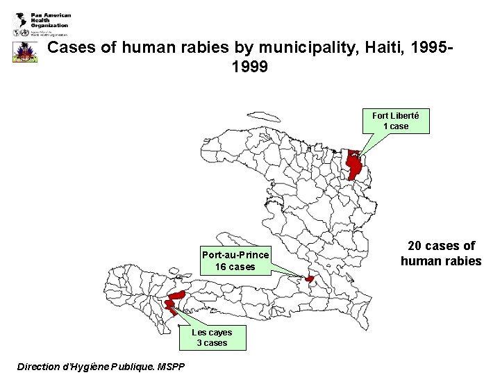 Cases of human rabies by municipality, Haiti, 19951999 Fort Liberté 1 case Port-au-Prince 16