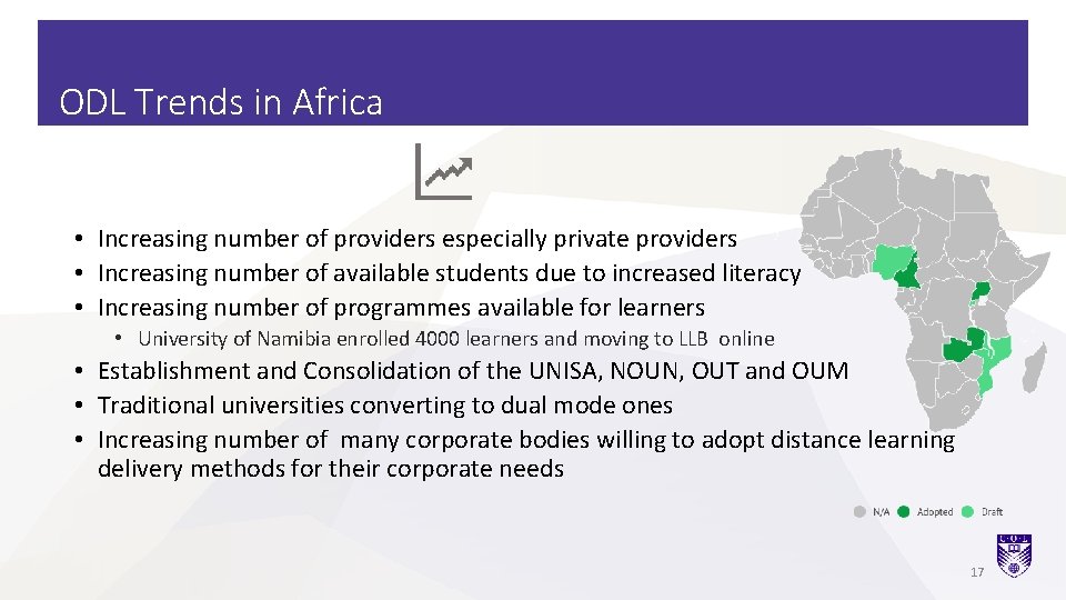 ODL Trends in Africa • Increasing number of providers especially private providers • Increasing