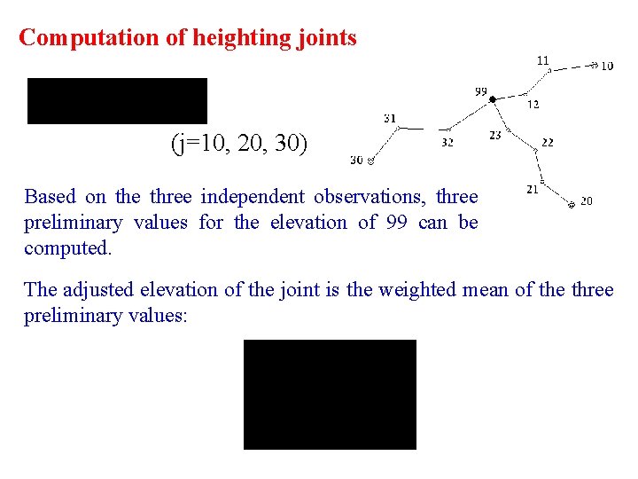 Computation of heighting joints (j=10, 20, 30) Based on the three independent observations, three