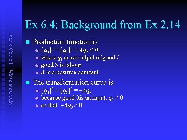Ex 6. 4: Background from Ex 2. 14 Frank Cowell: Microeconomics n Production function