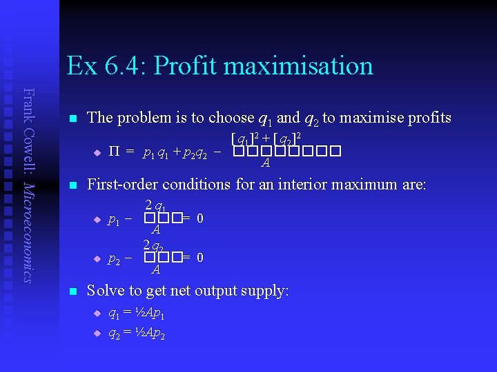 Ex 6. 4: Profit maximisation Frank Cowell: Microeconomics n The problem is to choose