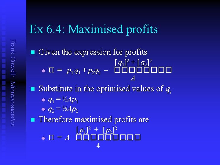 Ex 6. 4: Maximised profits Frank Cowell: Microeconomics n Given the expression for profits