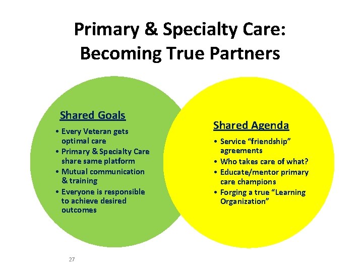 Primary & Specialty Care: Becoming True Partners Shared Goals • Every Veteran gets optimal