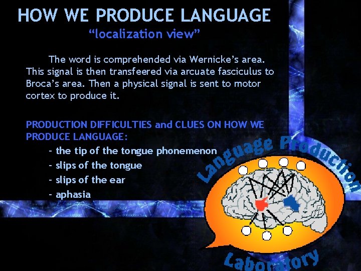 HOW WE PRODUCE LANGUAGE “localization view” The word is comprehended via Wernicke’s area. This