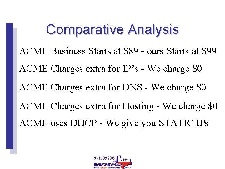 Comparative Analysis ACME Business Starts at $89 - ours Starts at $99 ACME Charges