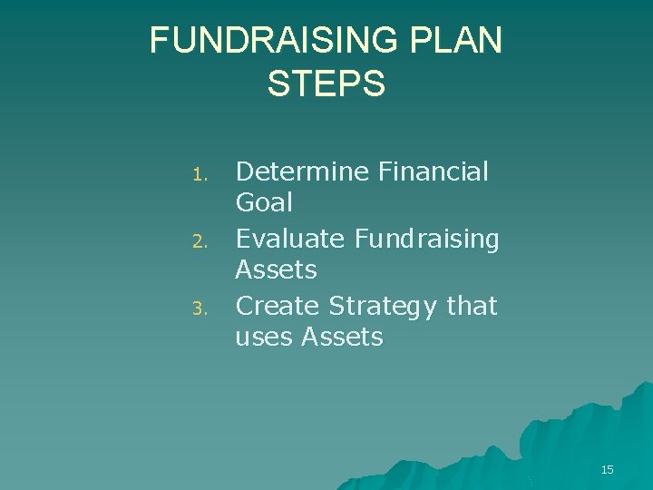 FUNDRAISING PLAN STEPS 1. 2. 3. Determine Financial Goal Evaluate Fundraising Assets Create Strategy