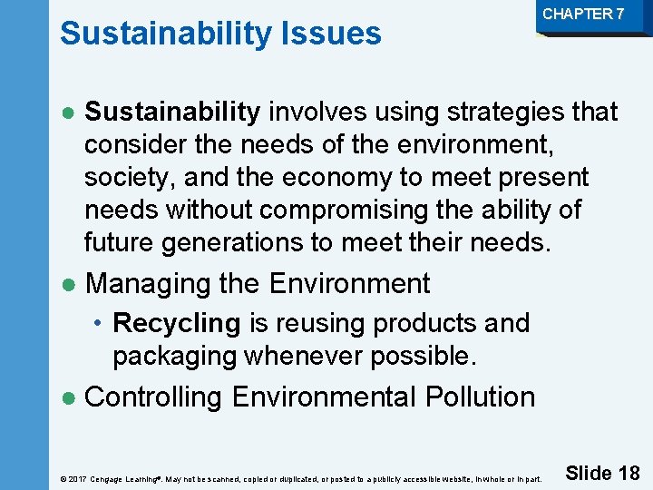 Sustainability Issues CHAPTER 7 ● Sustainability involves using strategies that consider the needs of