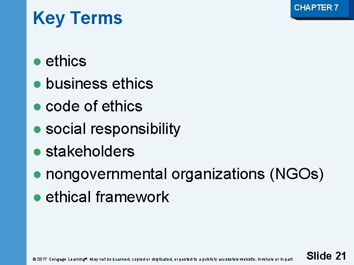 Key Terms CHAPTER 7 ● ethics ● business ethics ● code of ethics ●