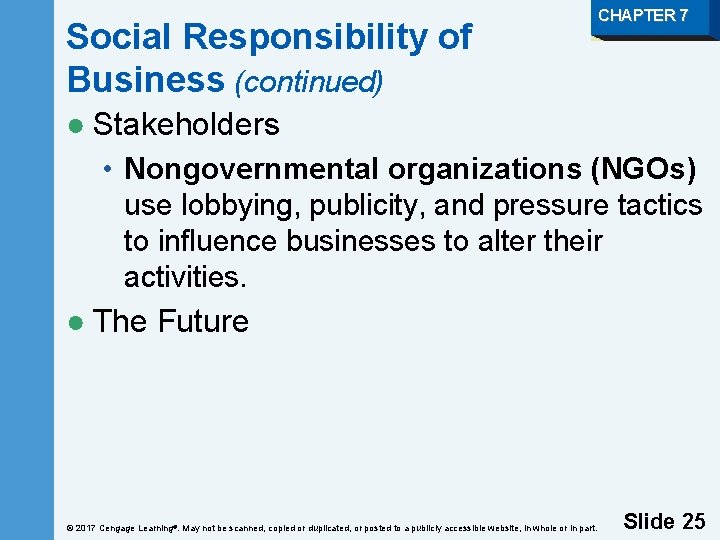 Social Responsibility of Business (continued) CHAPTER 7 ● Stakeholders • Nongovernmental organizations (NGOs) use