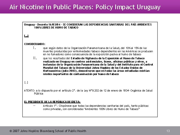 Air Nicotine in Public Places: Policy Impact Uruguay - Decreto 16/03/04 - SE CONSIDERAN