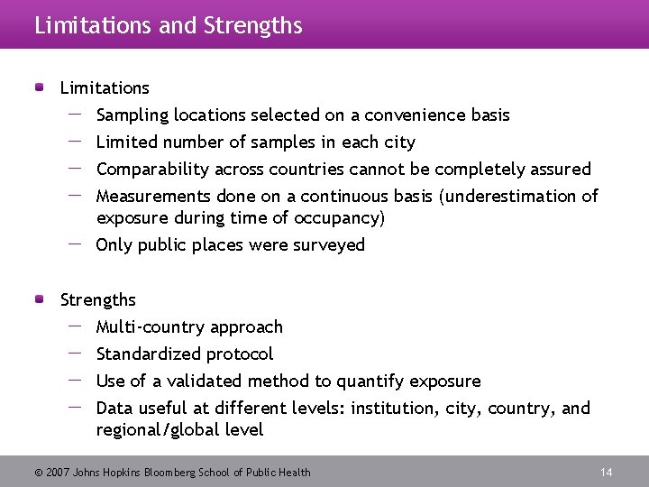 Limitations and Strengths Limitations Sampling locations selected on a convenience basis Limited number of