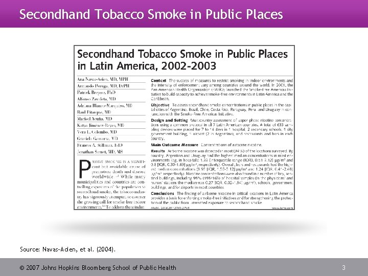 Secondhand Tobacco Smoke in Public Places Source: Navas-Acien, et al. (2004). 2007 Johns Hopkins
