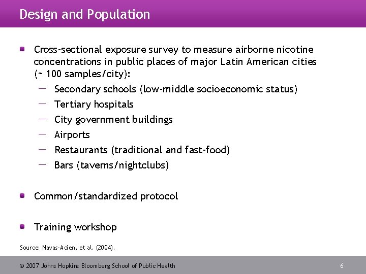 Design and Population Cross-sectional exposure survey to measure airborne nicotine concentrations in public places