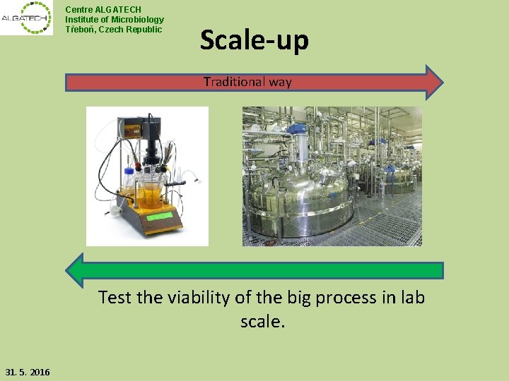 Centre ALGATECH Institute of Microbiology Třeboň, Czech Republic Scale-up Traditional way Test the viability