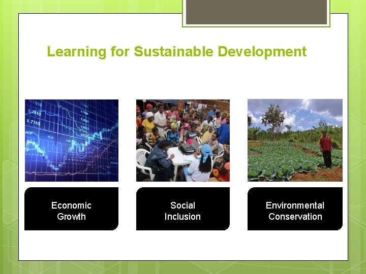 Learning for Sustainable Development Economic Growth Social Inclusion Environmental Conservation 