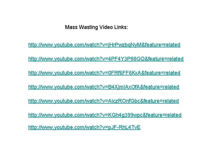 Mass Wasting Video Links: http: //www. youtube. com/watch? v=j. Hr. Pwzbq. Ny. M&feature=related http: