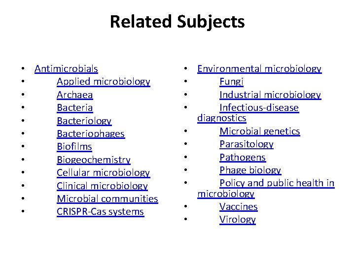 Related Subjects • Antimicrobials • Applied microbiology • Archaea • Bacteriology • Bacteriophages •