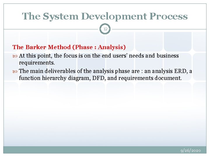 The System Development Process 12 The Barker Method (Phase : Analysis) At this point,