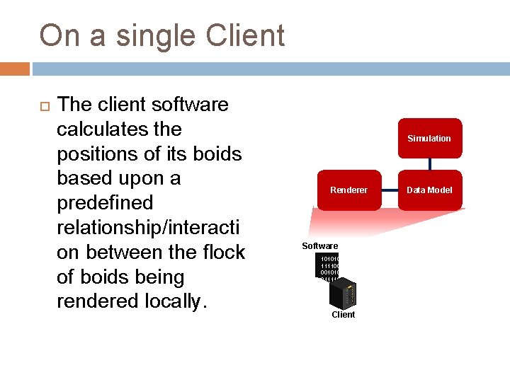 On a single Client The client software calculates the positions of its boids based