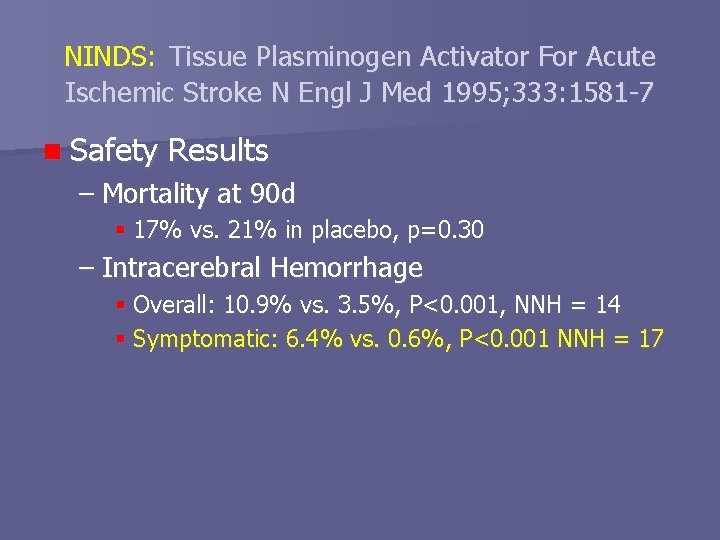 NINDS: Tissue Plasminogen Activator For Acute Ischemic Stroke N Engl J Med 1995; 333:
